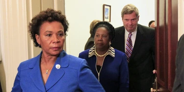 Congressional Black Caucus Chairwoman Rep. Barbara Lee, D-Calif., left, Rep. Sheila Jackson Lee, D-Texas, and Secretary of Agriculture Tom Vilsack, walk out after their meeting on Capitol Hill in Washington, Wednesday, July 21, 2010.(AP Photo/Alex Brandon)