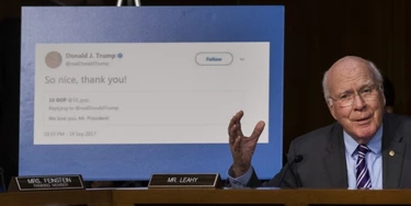 WASHINGTON, DC - OCTOBER 31: With a display showing President Donald Trump retweeting a fake Russian Twitter account, Sen. Patrick Leahy (D-VT) questions witnesses during a Senate Judiciary Subcommittee on Crime and Terrorism hearing titled 'Extremist Content and Russian Disinformation Online' on Capitol Hill, October 31, 2017 in Washington, DC. The committee questioned the tech company representatives about attempts by Russian operatives to spread disinformation and purchase political ads on their platforms, and what efforts the companies plan to use to prevent similar incidents in future elections. (Drew Angerer/Getty Images)