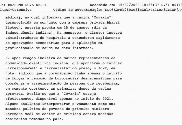 Embaixador brasileiro na Índia avisou governo Bolsonaro que Covaxin teve ‘processo opaco’ de autorização