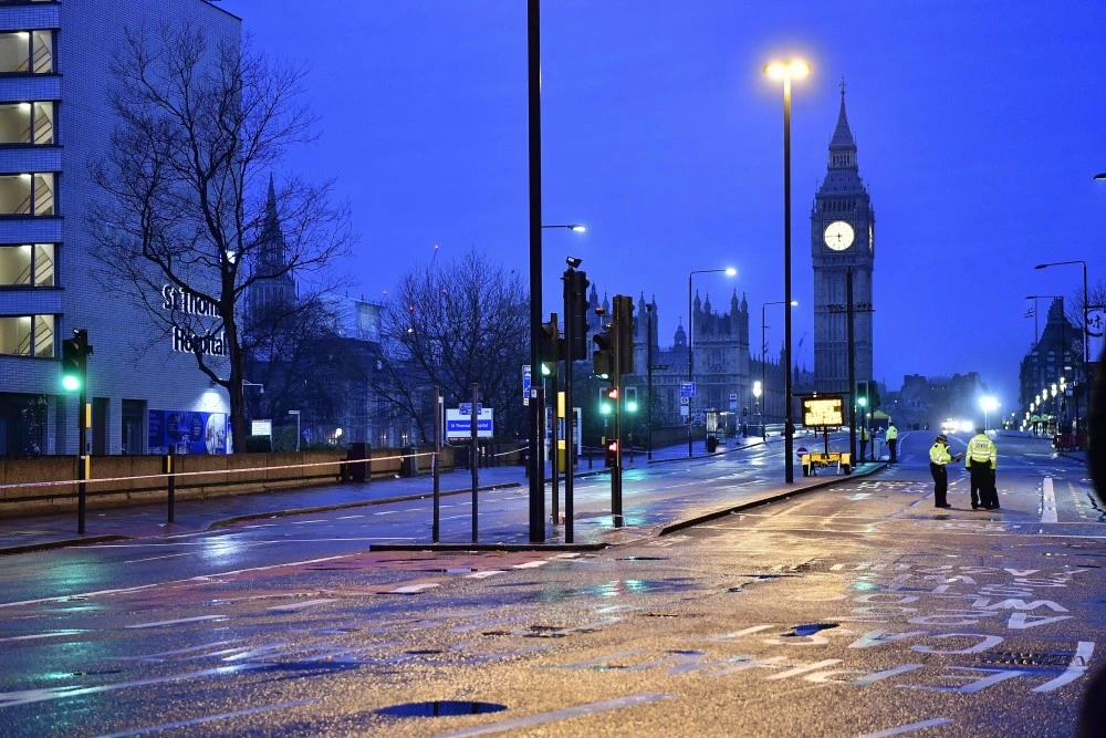 The streets are empty near Big Ben on the day following the terror attack Aftermath of terror attack outside parliament, London, UK - 23 Mar 2017 Five people died and more than 40 were injured in a terror attack in Westminster 22 March 2017. (Rex Features via AP Images)