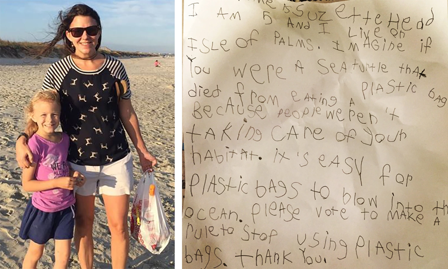À esquerda, Kathy Kent com sua filha, Suzette Head, coletando lixo na praia. À direita está o discurso manuscrito de Suzette, que ela entregou em frente ao conselho municipal de Isle of Palms, na Carolina do Sul, em 26 de maio de 2015.