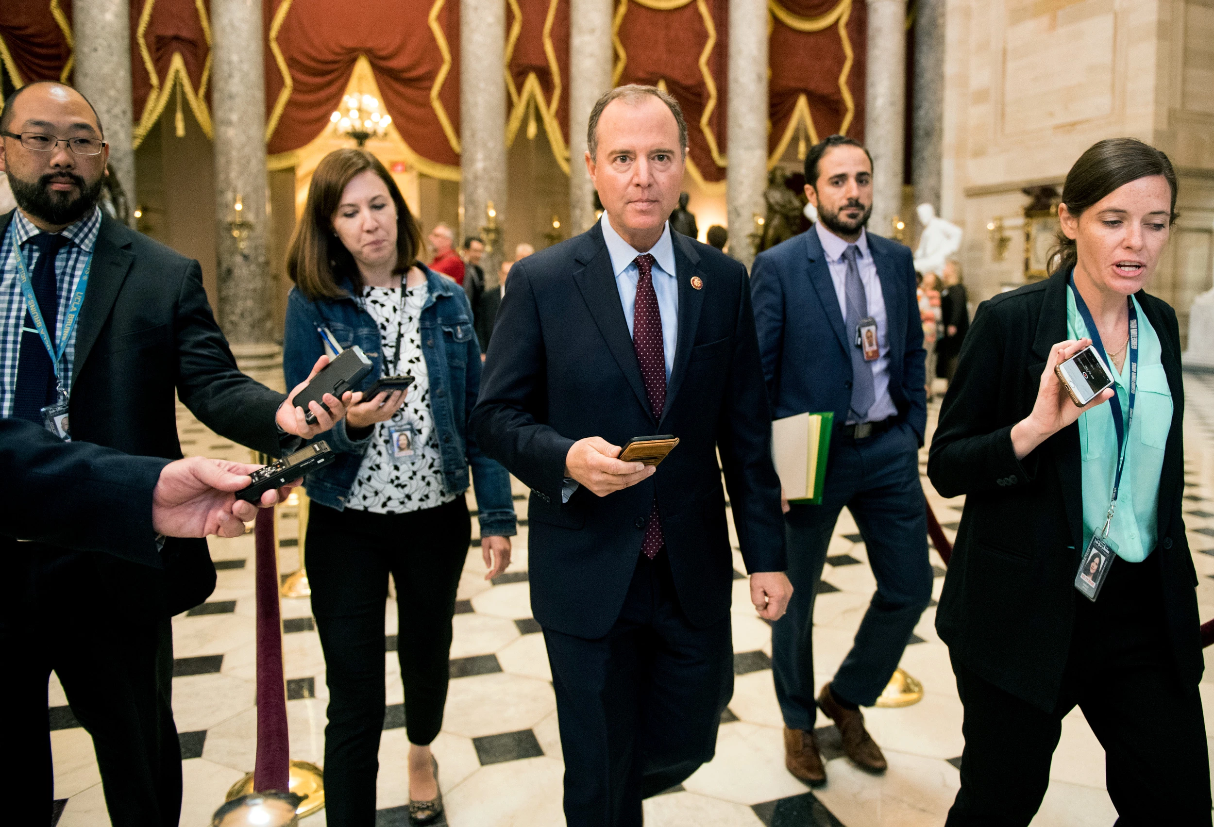 UNITED STATES - SEPTEMBER 24: House Intelligence Committee chairman Adam Schiff, D-Calif., arrives for a meeting of the House chairmen to discuss impeachment in Speaker Pelosi's office on Tuesday, Sept. 24, 2019. (Photo By Bill Clark/CQ Roll Call via AP Images)