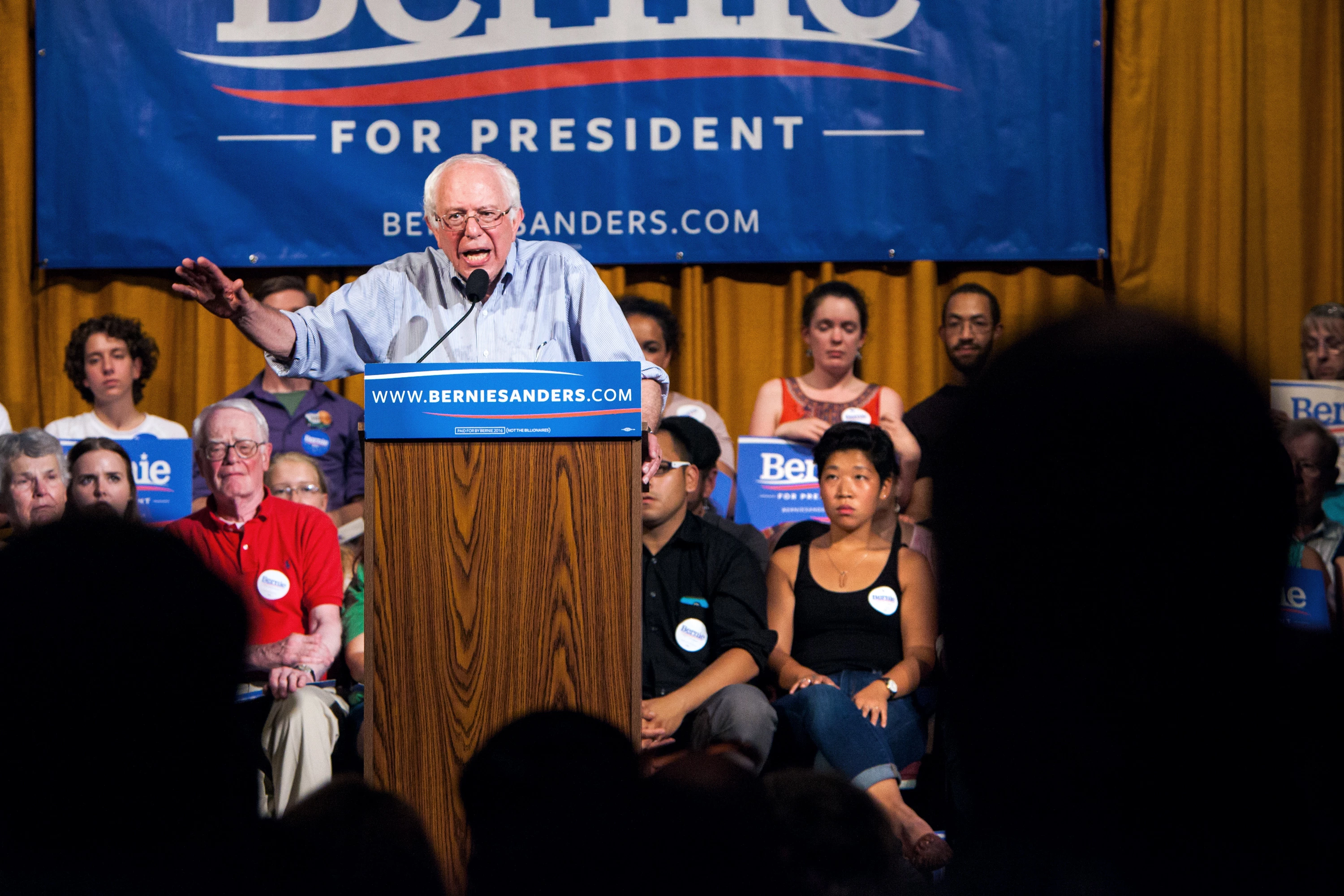 Presidential candidate Vermont Senator Bernie Sanders meets with voters at a Town Hall meeting in Littleton, NH on August 24th, 2015. (Photo by Porter Gifford/Corbis via Getty Images)