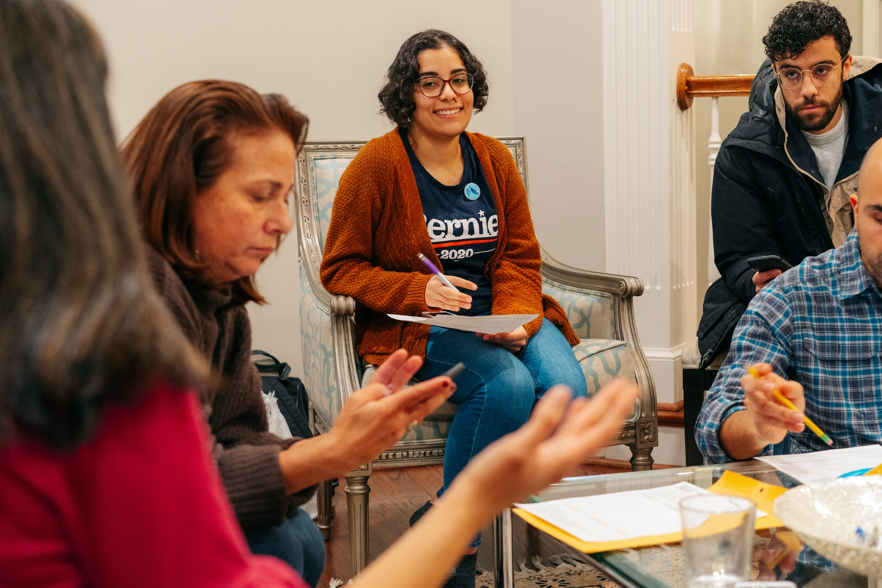 Saturday, December 21st, 2019 -- Arlington, Virginia Bernie Victory Captain Zeinab El-Rewini (center) at a “#ArabAmericans4Bernie Mapping Party.” in Arlington, Virginia.