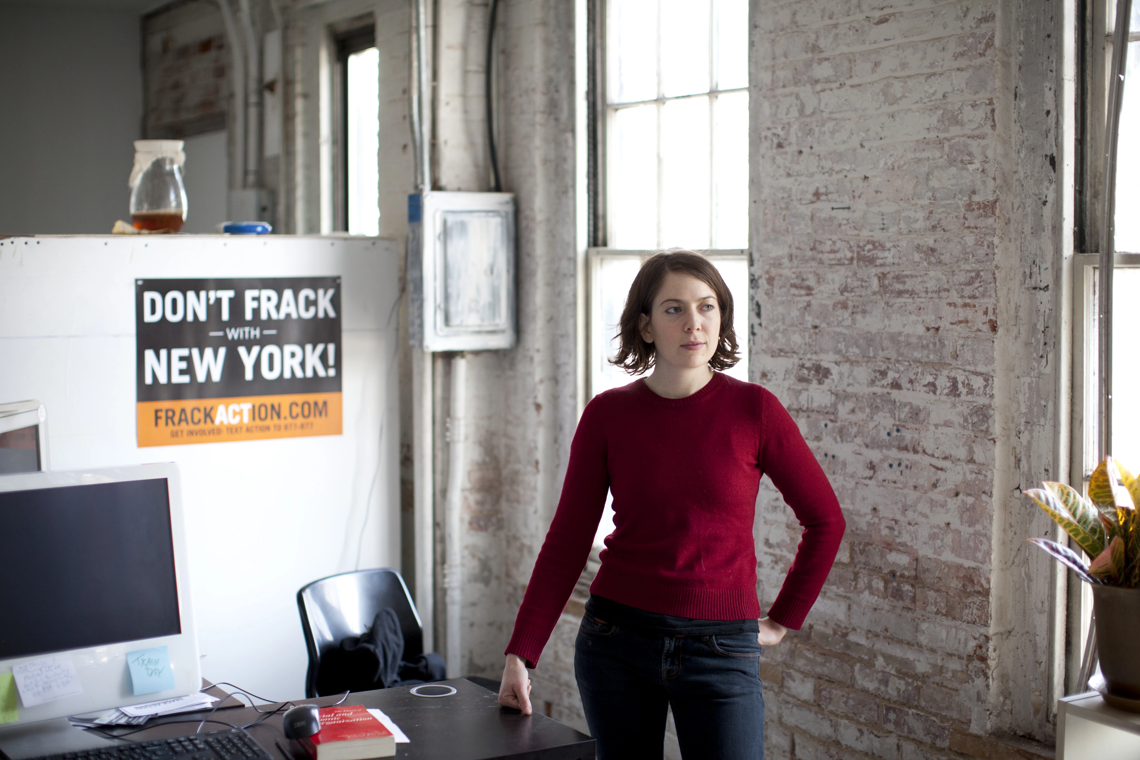 Claire Sandberg, one of the two founders of the grass-roots group Frack Action, in New York, Dec. 22, 2011. With a deadline looming this week for the public to weigh in on gas drilling in New York State, the antifracking movement itself has become divided over if its goal should be securing the nation's toughest regulations, or winning an outright ban. (Todd Heisler/The New York Times)