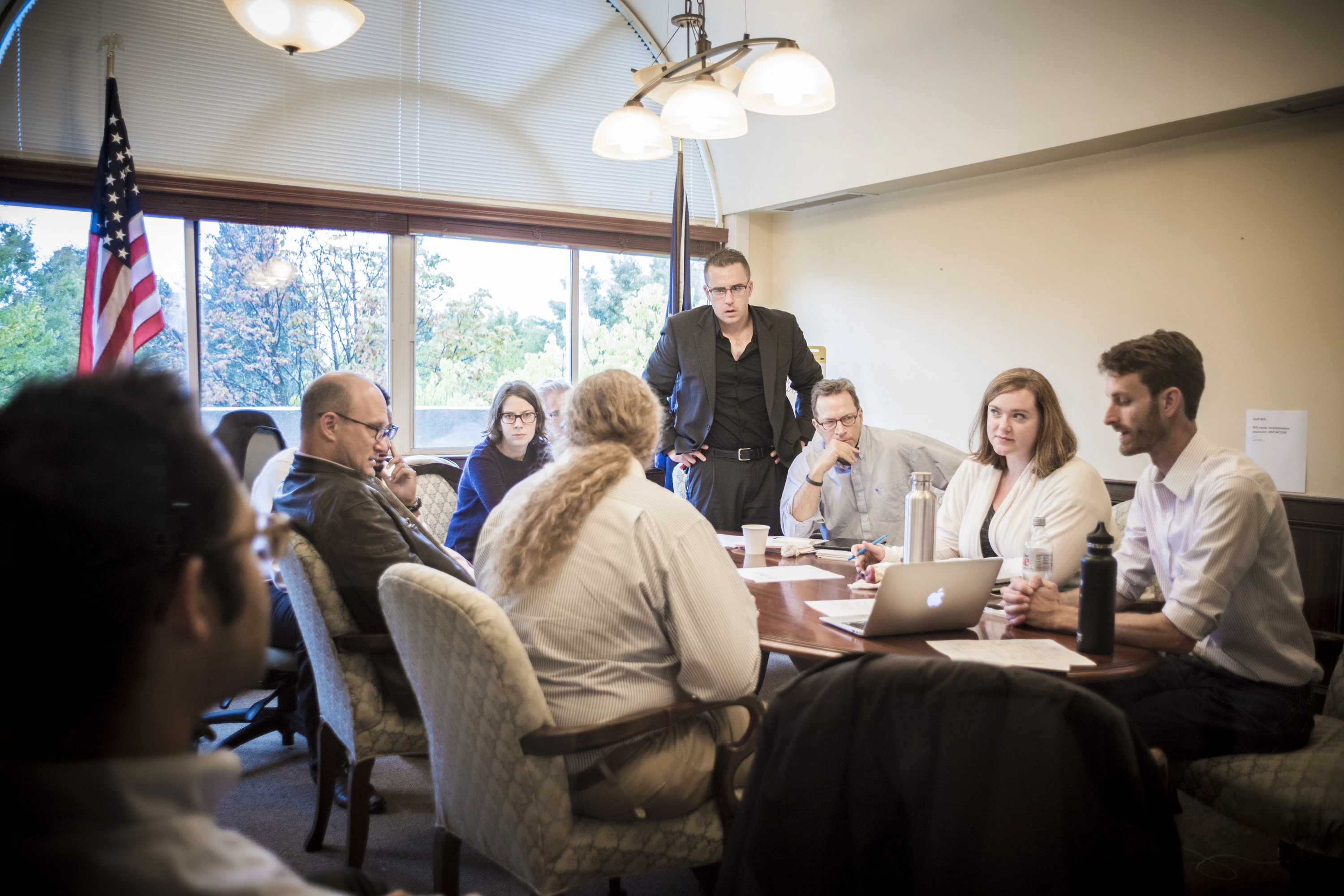 Top advisers to Sen. Bernie Sanders, a Democratic presidential hopeful, meet with members of his campaign staff from Iowa, New Hampshire and South Carolina in Burlington, Vt., Sept. 30, 2015. The Vermont senator and his advisers, having raised about $26 million since July, are forming a battle plan beyond their immediate goals of winning Iowa and New Hampshire. (Ian Thomas Jansen-Lonnquist/The New York Times)