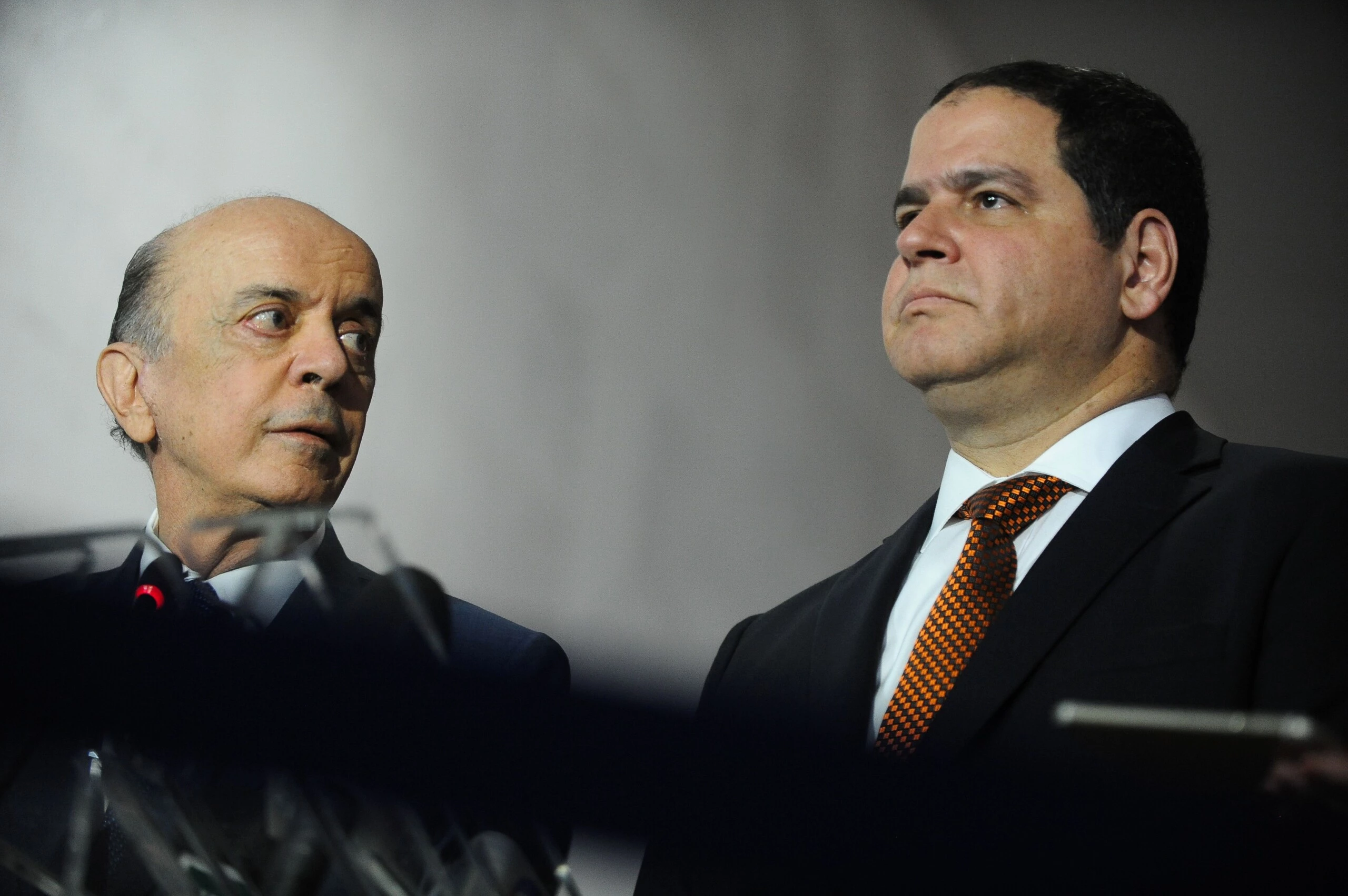 Brazilian Foreign Minister Jose Serra (L), the president of the Foreign Affairs Committee of the Venezuelan National Assembly, Venezuelan Deputy Luis Florido (R), and the political coordinator of Venezuelan party Voluntad Popular (Popular Will) Carlos Vecchio (out of frame) take part in a joint press conference at the Itamaraty Palace, in Brasilia, August 17, 2016.  / AFP / Andressa Anholete        (Photo credit should read ANDRESSA ANHOLETE/AFP/Getty Images)