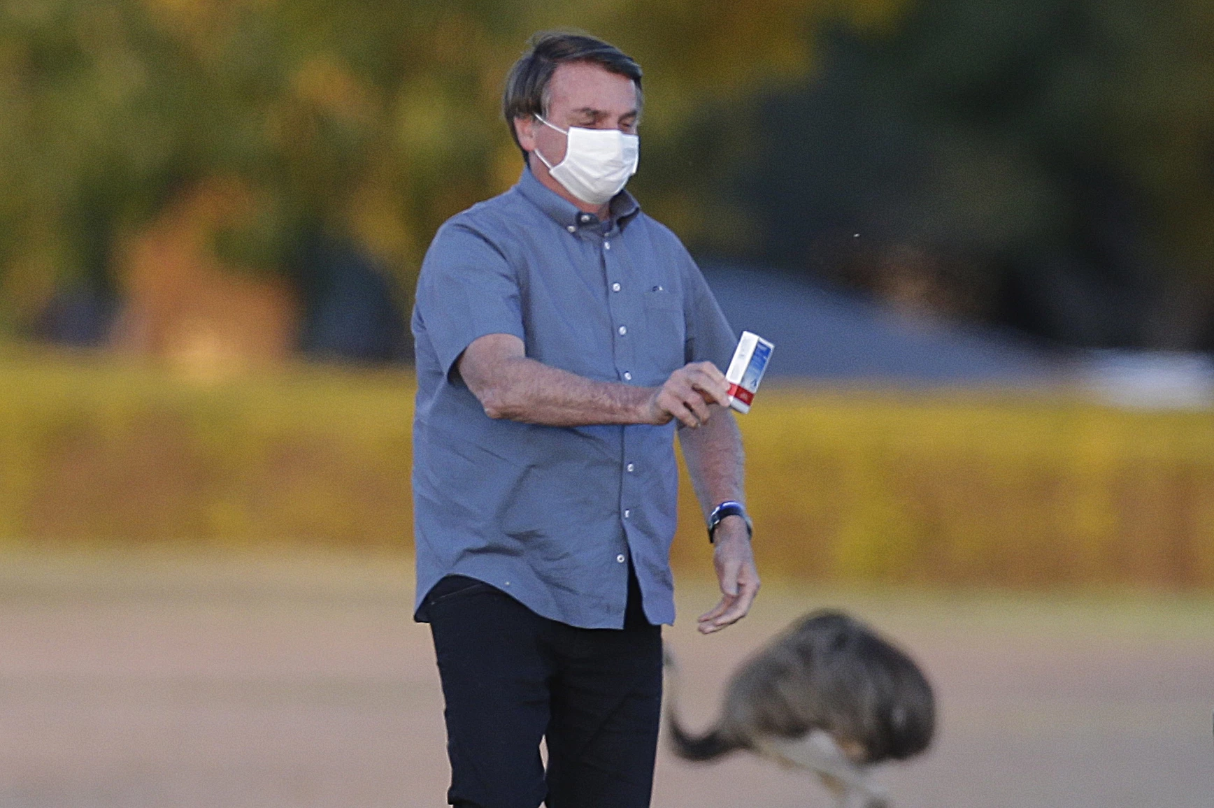 JB1 BSB DF 23 07 2020 NACIONAL JAIR BOLSONARO/EMAS O presidente da Republica, Jair Bolsonaro mostra uma caixa de remedio para emas apor alimenta-la com pedacos de bananas, no Palacio da Alvorada FOTO:DIDA SAMPAIO/ESTADAO (Agencia Estado via AP Images)