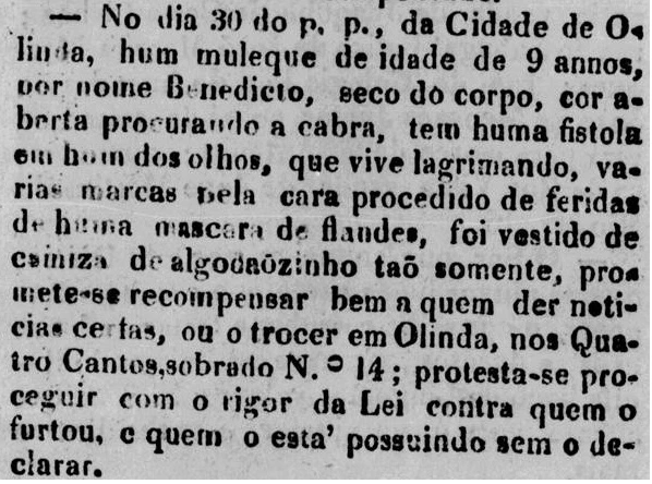 Anúncio da fuga de uma criança de nove anos com “marcas pela cara” provocadas pelo uso “de uma máscara de flandres”.