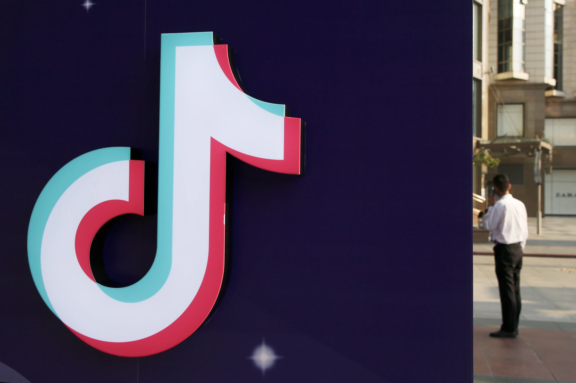 BEIJING, CHINA - AUGUST 22: A symbol of TikTok (Douyin) is pictured at The Place shopping mall at dusk on August 22, 2020 in Beijing, China. (Photo by VCG/VCG via Getty Images)