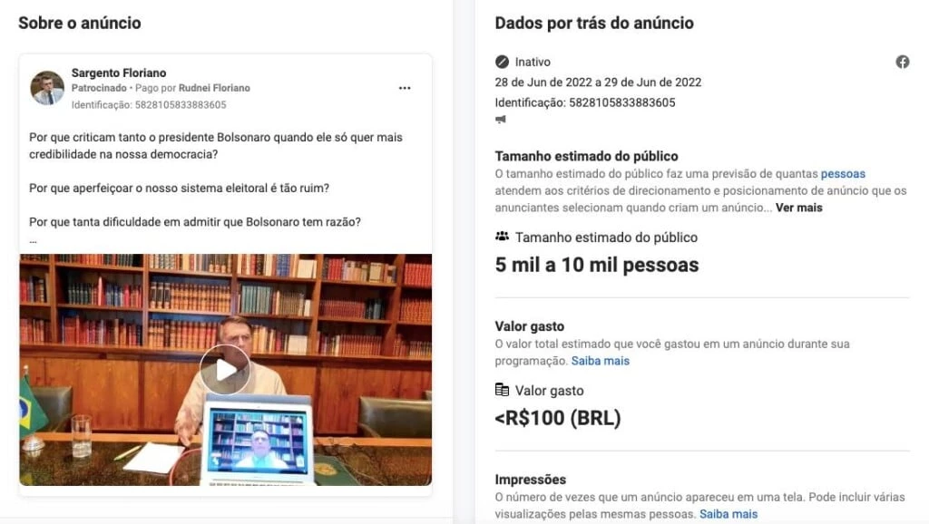 Post impulsionado de ataque às urnas eletrônicas atingiu de 5 mil a 10 mil pessoas, segundo dados fornecidos pelo Facebook.