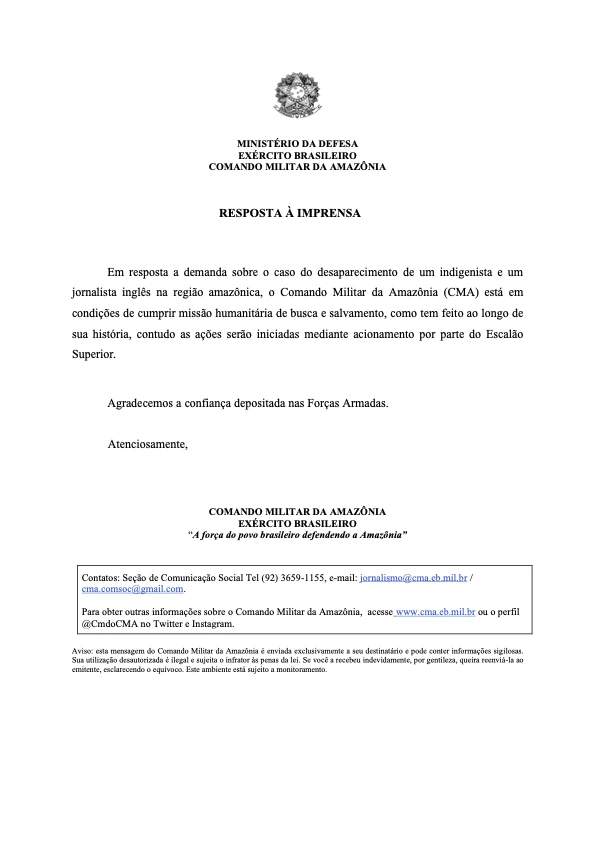 Comunicado enviado pelo Comando Militar da Amazônia à imprensa.