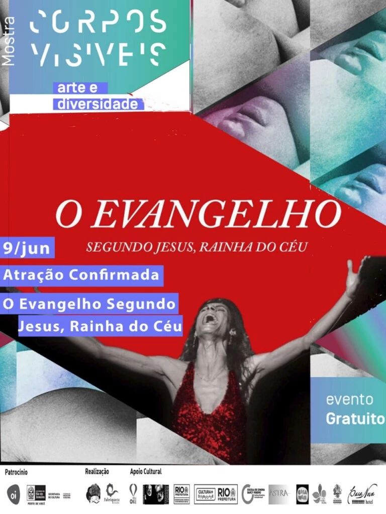 Material de divulgação da peça “O Evangelho Segundo Jesus, Rainha do Céu” com logos da Prefeitura do Rio. Segundo a produtora Karla Suarez,  a Secretaria de Cultura aprovou a barra de logos antes do lançamento do site da mostra.