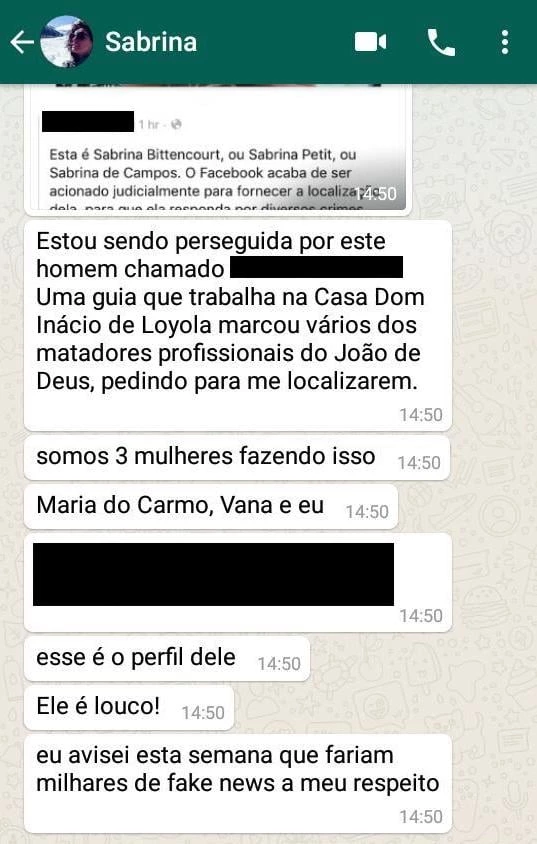 Print de mensagens enviadas por Sabrina Bittencourt a jornalistas horas antes de publicar uma carta de suicídio no Facebook.