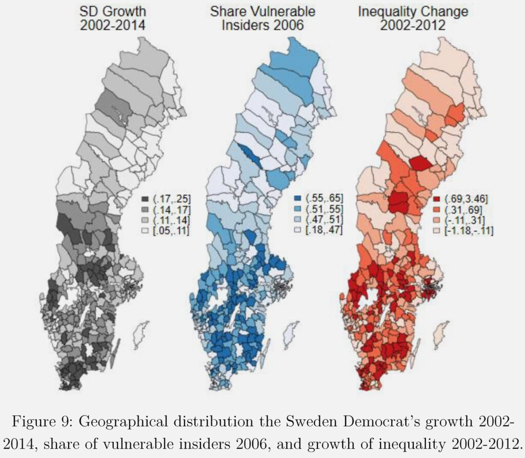 Figura 9: da esquerda para a direita, a distribuição geográfica do crescimento dos Democratas Suecos entre 2002 e 2014, a parcela da população composta por insiders vulneráveis em 2006, e o crescimento da desigualdade em 2002 e 2012. Nota: “As categorias de situação laboral foram definidas com base no modelo SELMA de Kindlund e Biterman, 2002). A classificação de ‘insider vulnerável’ foi atribuída aos trabalhadores em cargos com índice RTI (Routine Task Intensity) acima da mediana.”