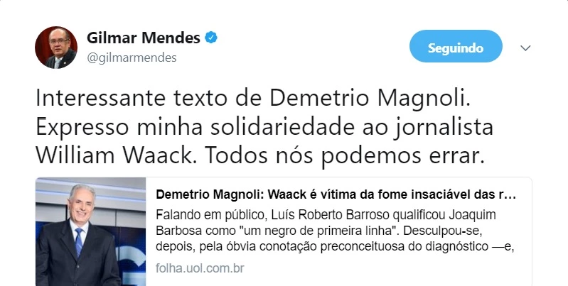 Tweet de Gilmar Mendes