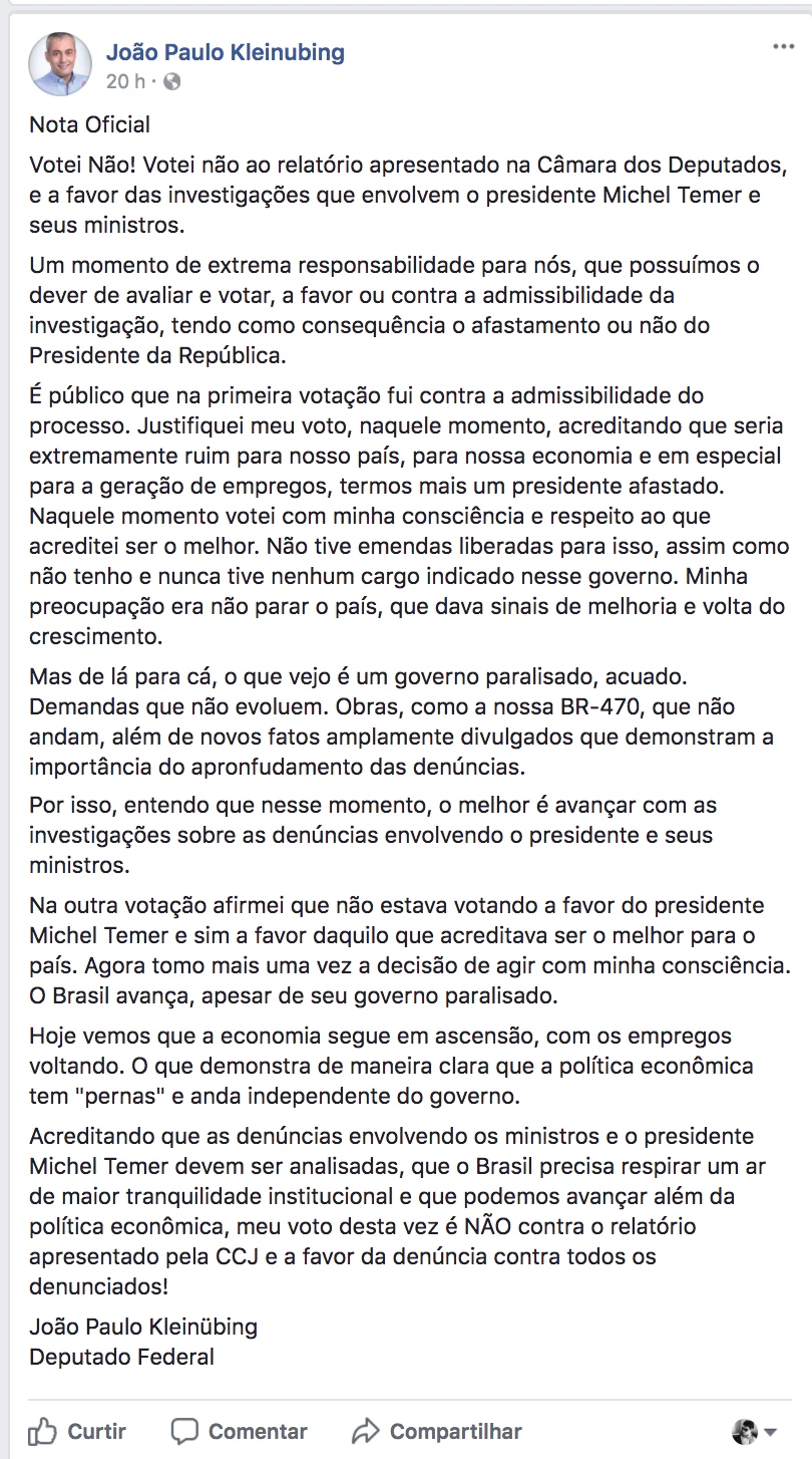 Post do deputado João Paulo em outubro