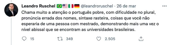 O empresário bolsonarista e membro do conselho da BP Leandro Ruschel levou a dissertação de Mayara Balestro para o Twitter.