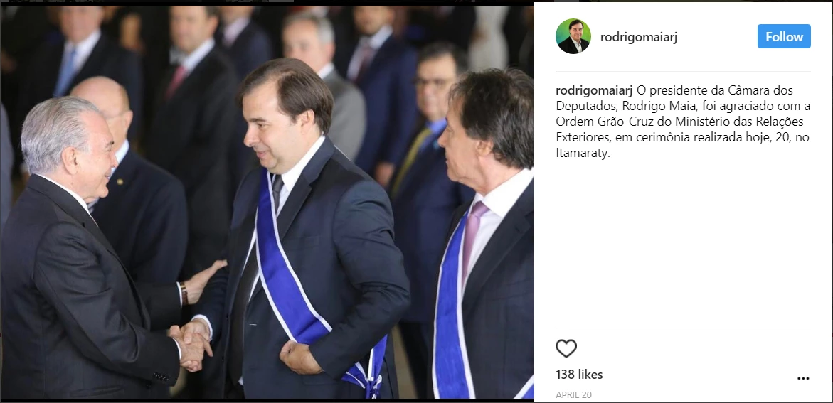 Instagram de Rodrigo Maia registra foto com Temer