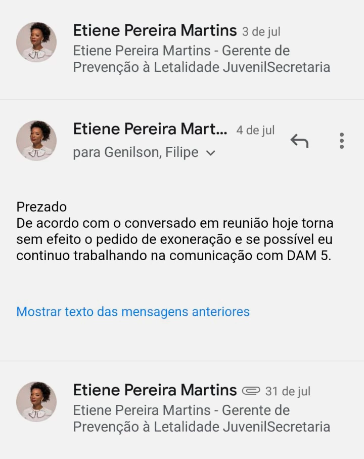 E-mail em que Etiene formaliza a suspensão do seu pedido de exoneração.