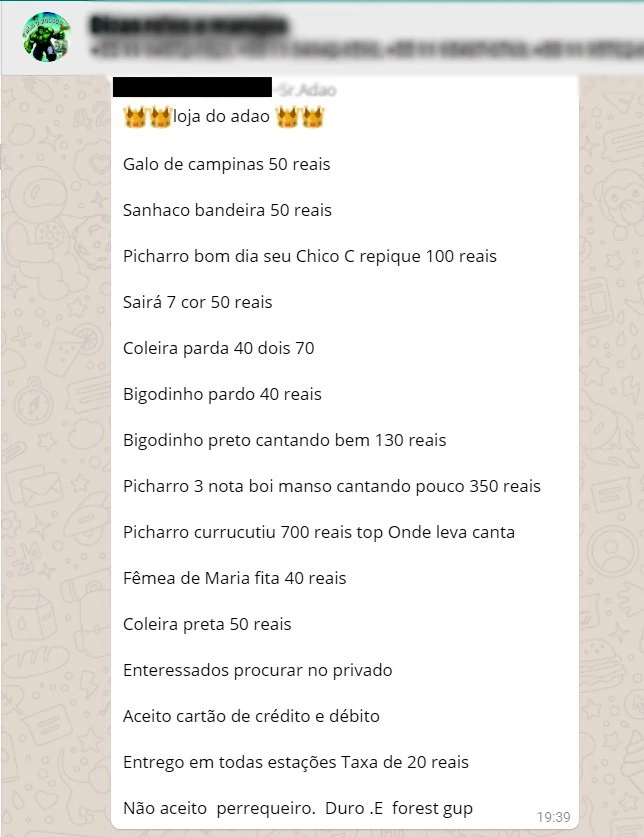 Nos grupos, traficantes postam relação de animais oferecidos como se fosse uma simples lista de supermercado.