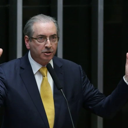 Brazil's former President of the Chamber of Deputies Eduardo Cunha speaks during the presentation of his defense in the Chamber of Deputies, in Brasilia, Brazil, Monday, Sept. 12, 2016. Prosecutors accuse Cunha of corruption and money laundering for his role in negotiating contracts for drill ships and say he received an illegal payment of $5 million. (AP Photo/Eraldo Peres)