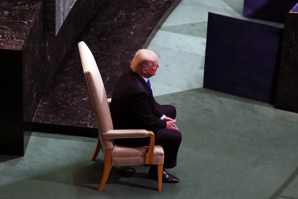 NEW YORK, USA - SEPTEMBER 19 : US President Donald Trump waits after making a speech during the 72nd session of the UN General Assembly at the UN Headquarters in New York, United States on September 19, 2017. (Photo by Mohammed Elshamy/Anadolu Agency/Getty Images)