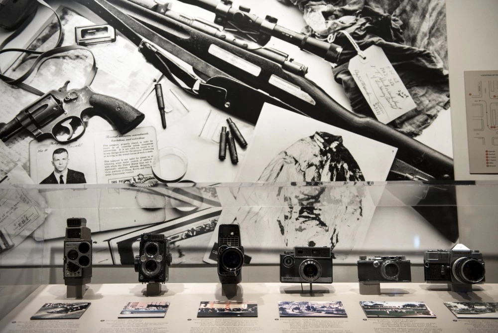 Cameras used to record the assassination of John F. Kennedy are seen in the Sixth Floor Museum formally the site of the Texas School Book Depository October 8, 2013 in Dallas, Texas. The sixth floor of the Dallas County Administration Building now houses the Sixth Floor Museum which is dedicated to the history behind the assassination of US President John F. Kennedy. November 22 will mark the 50th anniversary of the assassination of JFK in Dallas's Dealey Plaza. AFP PHOTO/Brendan SMIALOWSKI (Photo credit should read BRENDAN SMIALOWSKI/AFP/Getty Images)