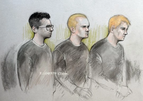 National Action court case. File court artist sketch dated 12/09/2017 by Elizabeth Cook of (from the left) Alexander Deakin, 22, Mikko Vehvilainen, 32, and Mark Barrett, 24, who will appear before the Old Bailey later accused of being part of the proscribed organisation National Action. Issue date: Thursday September 21, 2017. See PA story COURTS NationalAction. Photo credit should read: Elizabeth Cook/PA Wire URN:32930838