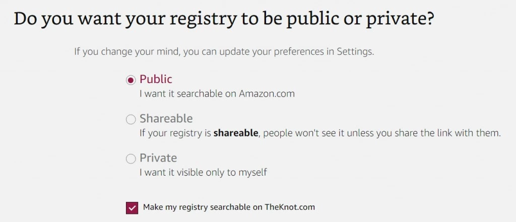 Default privacy settings on Amazon's baby registry creation page. By default, registries can be searched for and are viewable by anyone without even requiring an Amazon account, and are also shared on three third-party sites, The Bump, What to Expect, and BabyCenter.