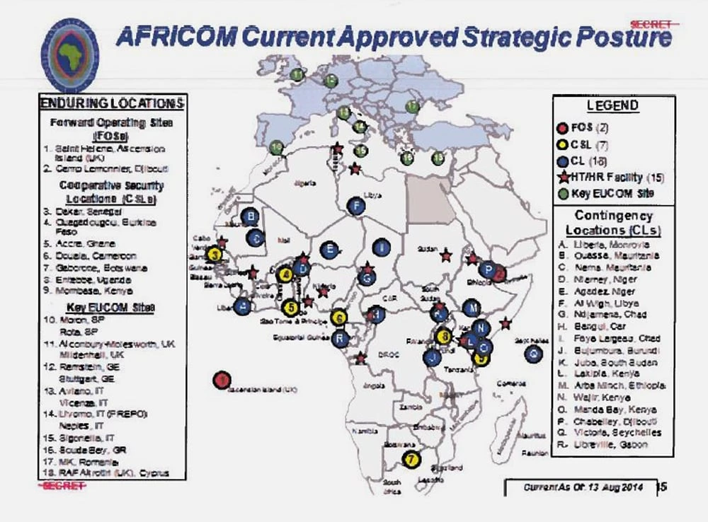 Um mapa das bases dos EUA – locais de operação avançada, de segurança cooperativa e de contingência – no continente africano, encontrados nos documentos de planejamento do Africom para o ano fiscal de 2015.