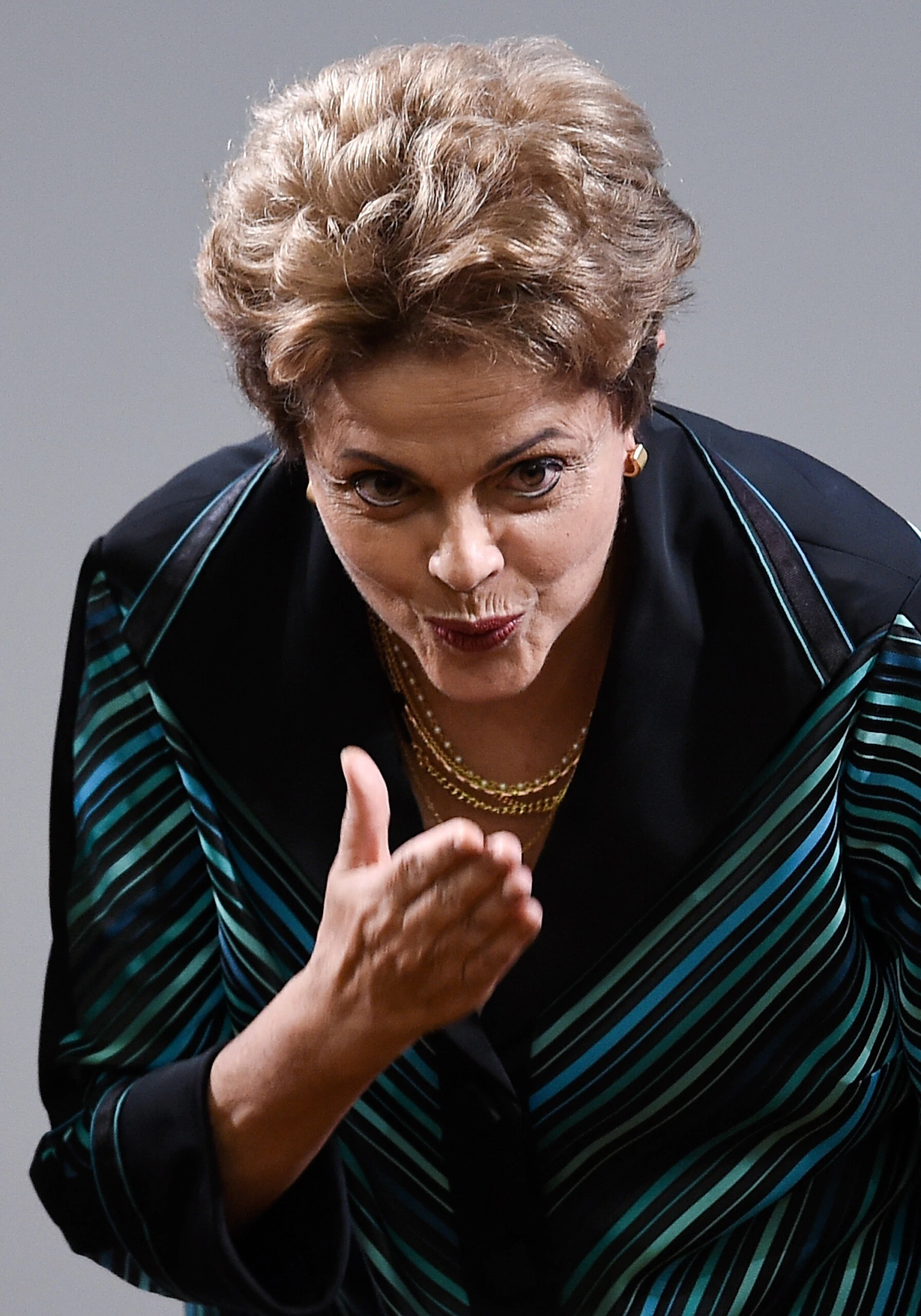 BRASILIA, BRAZIL - JULY 03:  Brazilian President Dilma Roussef gestures during a ceremony for presents the Olympic Torch and Relay Route of the Rio 2016 Olympic Games on July 3, 2015 in Brasilia, Brazil.  (Photo by Buda Mendes/Getty Images)