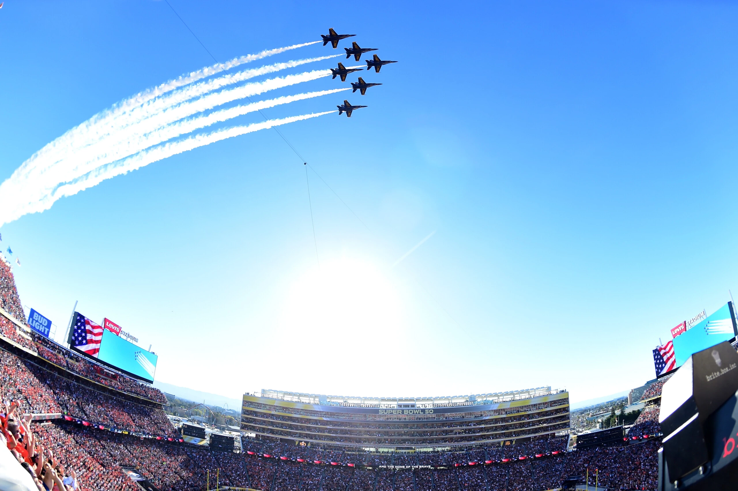 SANTA CLARA, CA - FEBRUARY 07:  The Blue Angels perform a fly-over prior to Super Bowl 50 between the Denver Broncos and the Carolina Panthers at Levi's Stadium on February 7, 2016 in Santa Clara, California.  (Photo by Harry How/Getty Images)