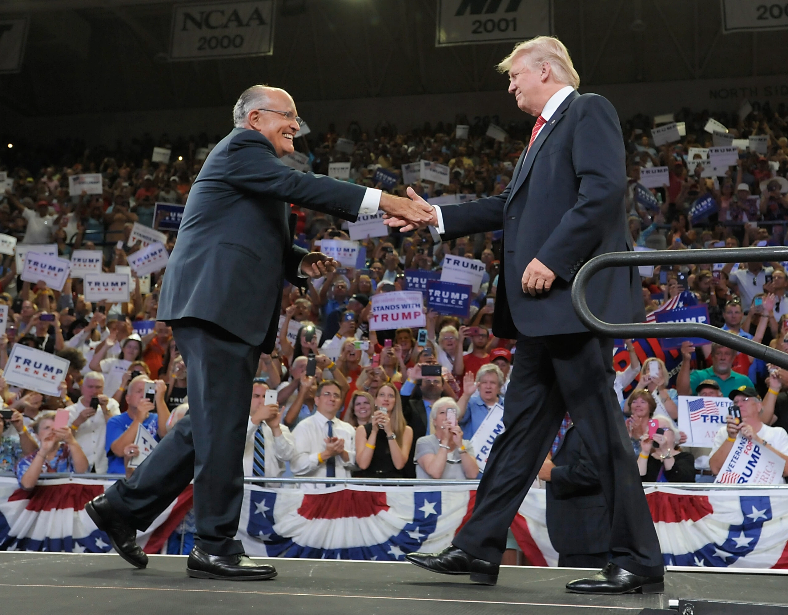 WILMINGTON, NC - AUGUST 9:  Former New York City Mayor Rudy Giuliani introduces Republican presidential candidate Donald Trump during a campaign event at Trask Coliseum on August 9, 2016 in Wilmington, North Carolina. This was Trump's first visit to southeastern North Carolina since he entered the presidential race.  (Photo by Sara D. Davis/Getty Images)