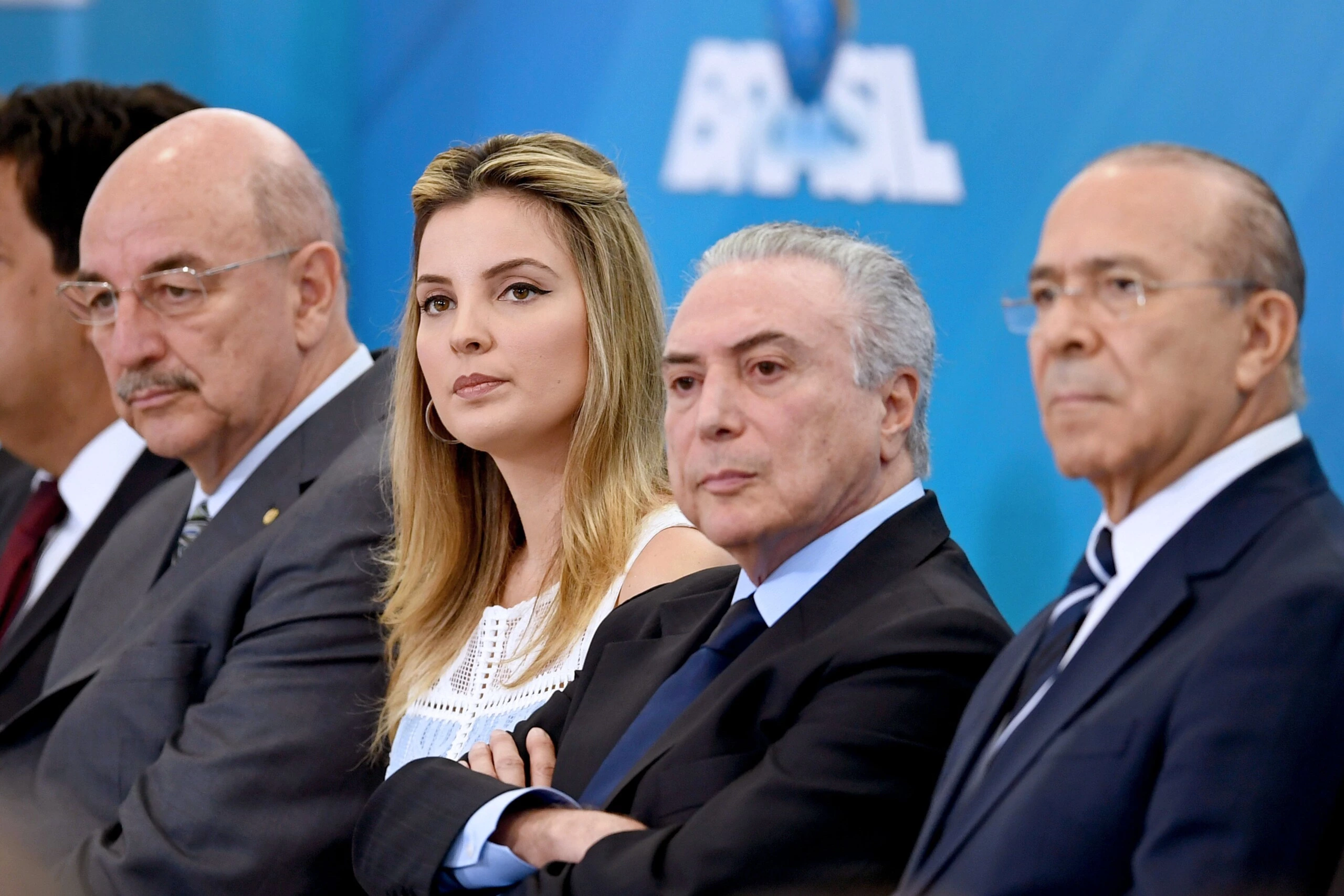 Brazilian First Lady Marcela Temer (2-L), Brazilian President Michel Temer (2-R), Chief of Staff Eliseu Padilha (R) and Minister of Social Development Osmar Terra attend the launching ceremony of the Happy Child Programme at Planalto Palace in Brasilia, Brazil, on October 5, 2016. / AFP / EVARISTO SA        (Photo credit should read EVARISTO SA/AFP/Getty Images)