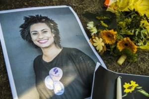 A makeshift memorial is pictured during a protest of Brazilian expats against the killing of Rio de Janeiro's left councilwoman and activist Marielle Franco in Berlin, Germany on March 18, 2018. Marielle Franco, who criticised openly racism and police brutality, was shot with his driver Anderson Pedro Gomes in the city center of Rio de Janeiro in the evening of March 14, 2018. (Photo by Emmanuele Contini/NurPhoto/Sipa USA)(Sipa via AP Images)