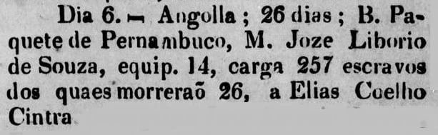 Anúncio reporta a chegada do paquete Pernambuco, vindo de Angola, numa viagem que durou 26 dias. Embarcaram 257 cativos, sendo que 26 morreram, que se destinavam a Elias Coelho.