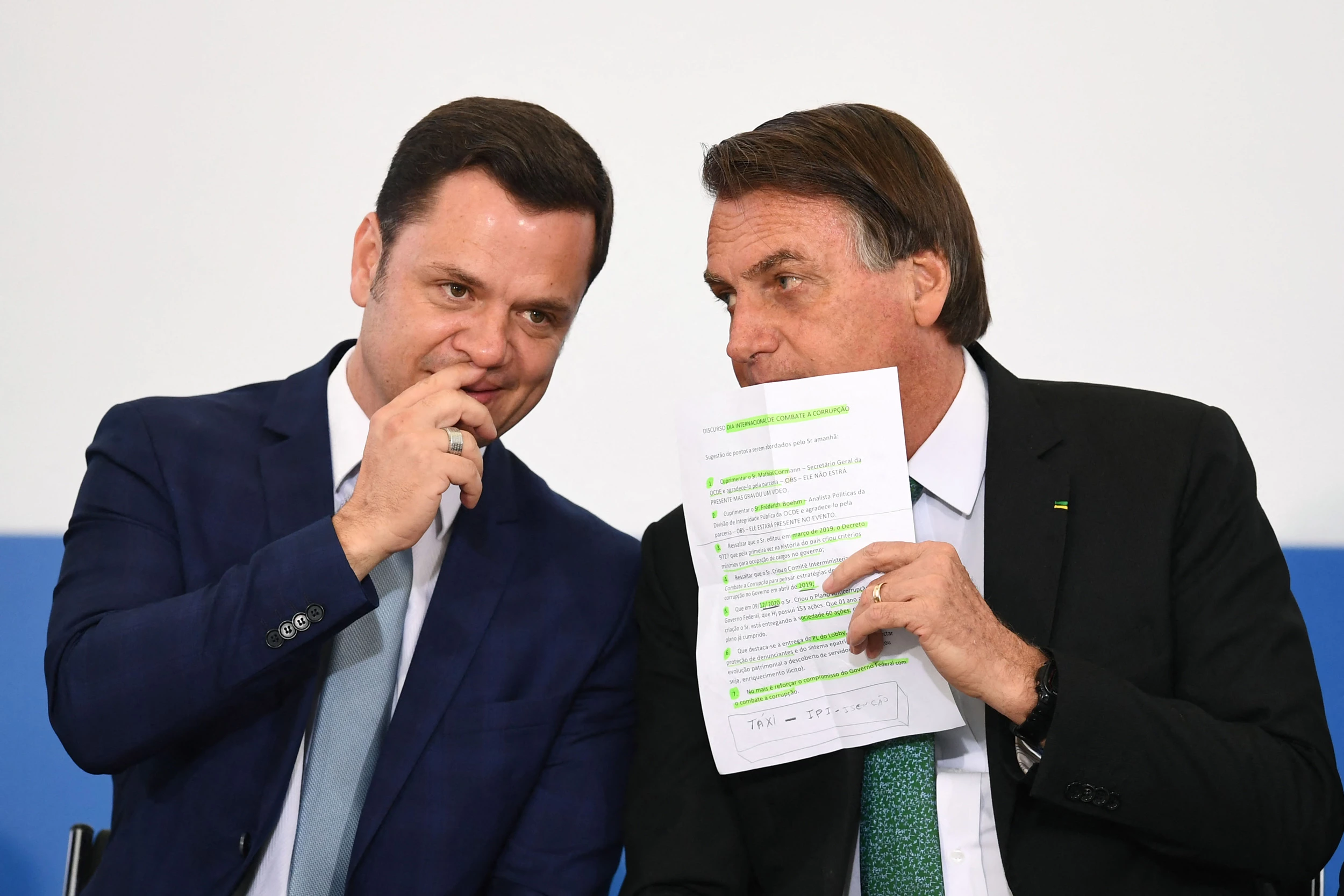 Brazilian President Jair Bolsonaro (R) and his Justice Minister Anderson Torres attend a ceremony on the International Day Against Corruption at Planalto Palace in Brasilia, on December 9, 2021. (Photo by EVARISTO SA / AFP) (Photo by EVARISTO SA/AFP via Getty Images)