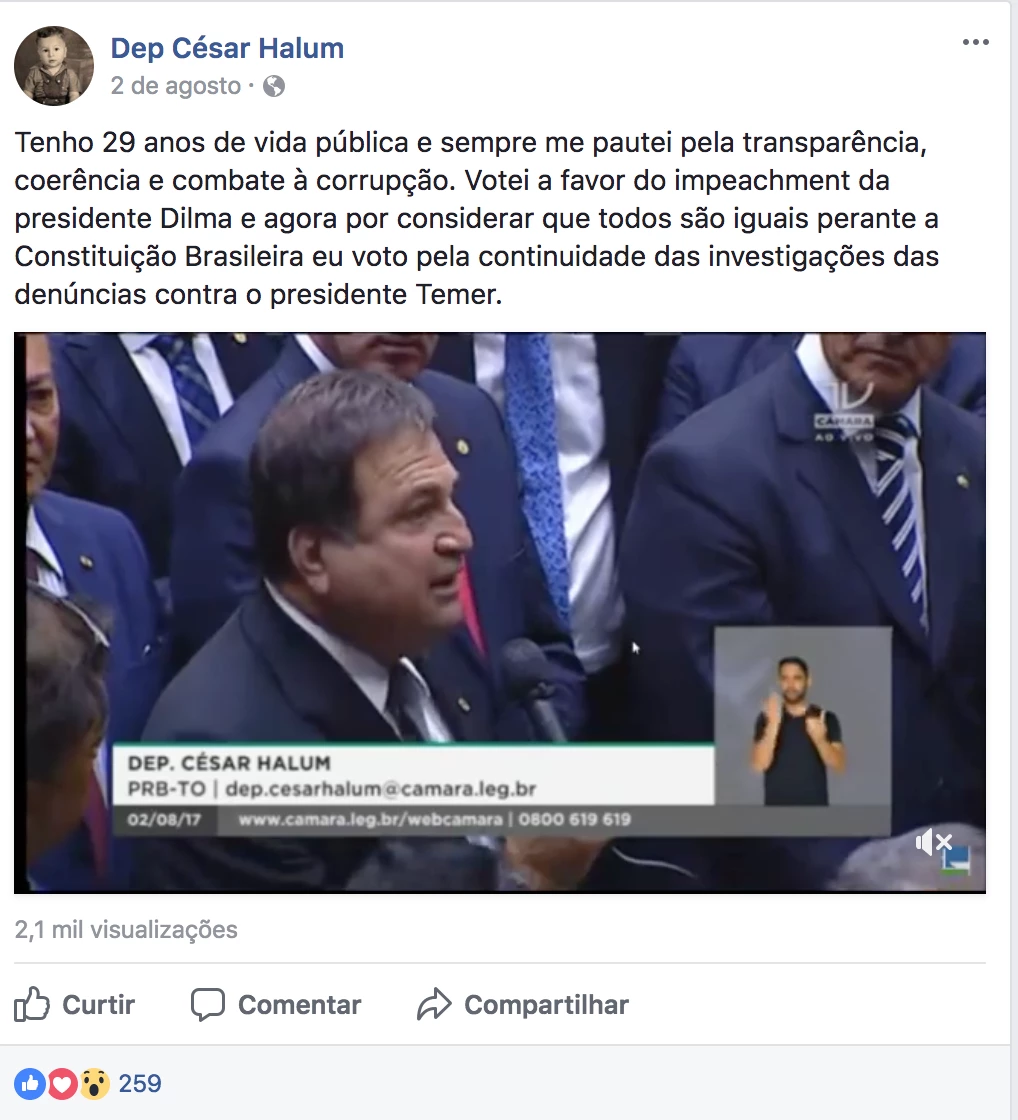 Post do deputado César Halum