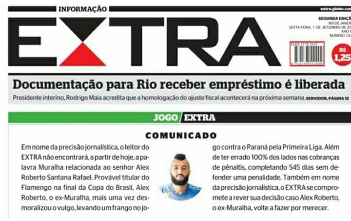 Capa do "Extra" sobre o goleiro Alex Muralha
