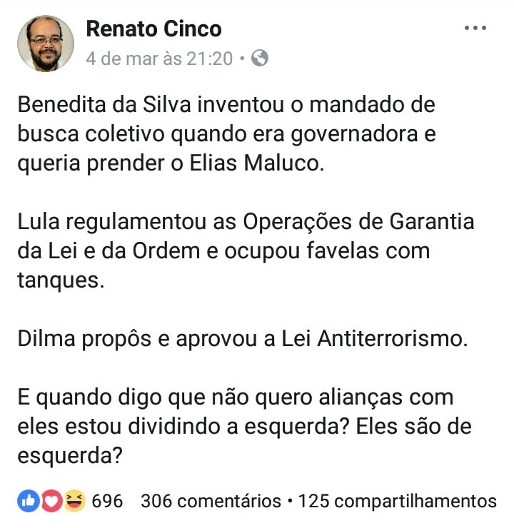 Vereador Renato Cinco critica o PT no Facebook