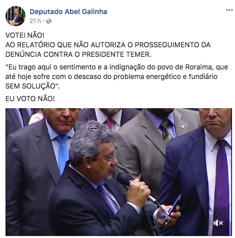 Postagem do deputado Abel Galinha após votação de denúncia contra Temer