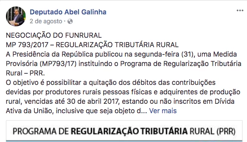 Postagem do deputado Abel Galinha em agosto