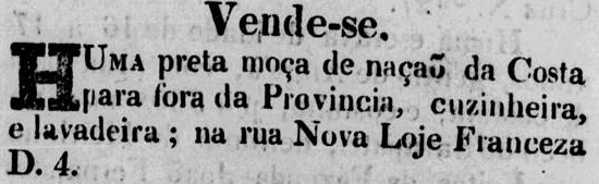 Anúncio de venda de escravo no Diário de Pernambuco.