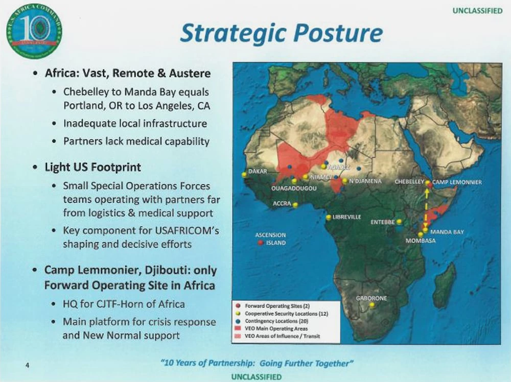 O “Posicionamento Estratégico” do Comando dos EUA na África – listando 34 destacamentos militares – de um briefing de 2018 apresentado pelo Conselheiro Científico Peter E. Teil.