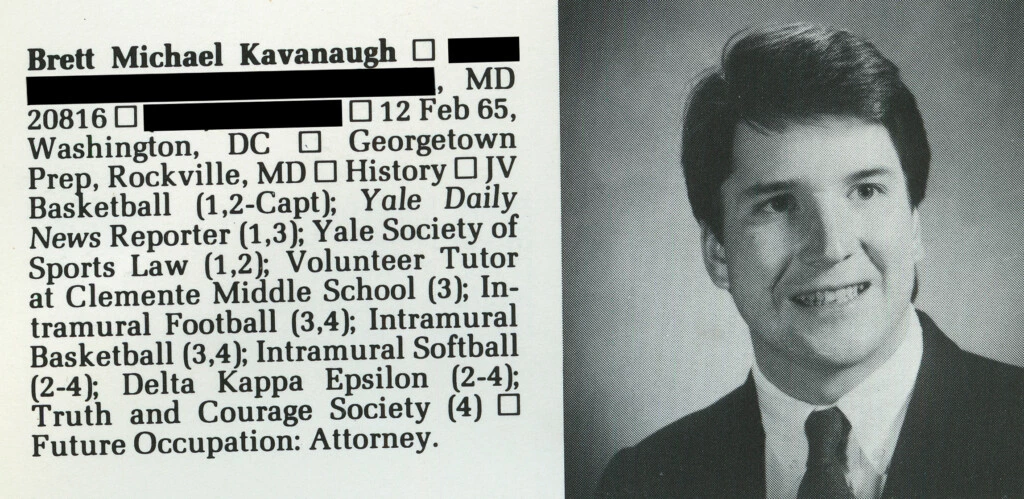 Um trecho do anuário de Brett Kavanaugh em Yale. Algumas informações pessoais foram editadas para fins de privacidade.