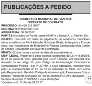 Publicação em Diário Oficial do contrato com o Banco A.J Renner