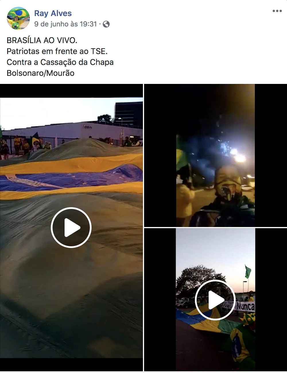 Vídeos postados por Reis em manifestação contra a cassação da chapa Bolsonaro-Mourão, de que participou em horário de expediente.