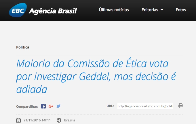 Notícia sobre caso envolvendo Geddel Vieira Lima no site da Agência Brasil