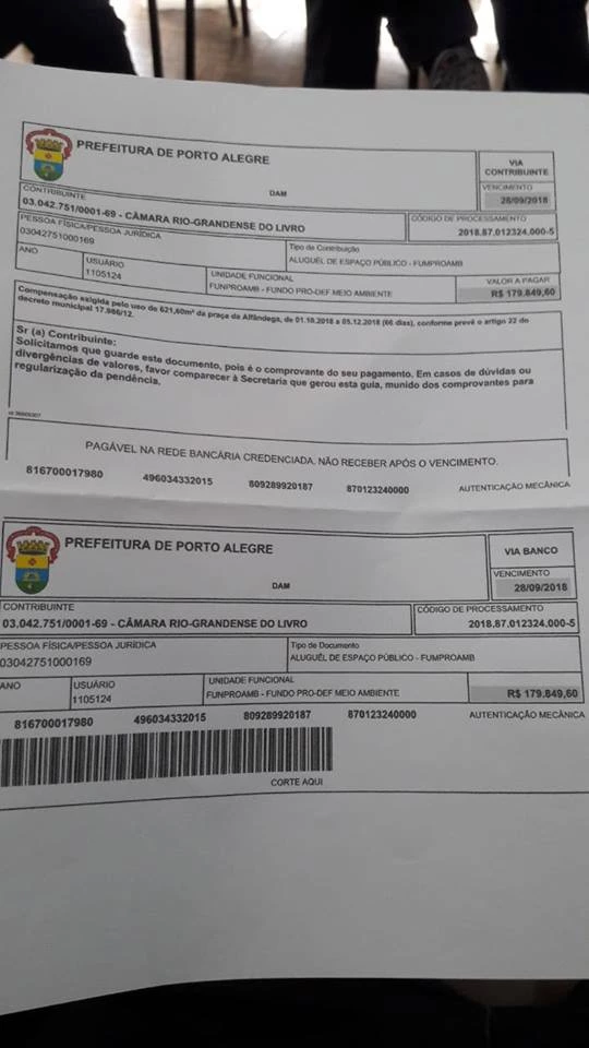 Boleto foi enviado à Câmara Rio-Grandense do Livro na quinta-feira (07).